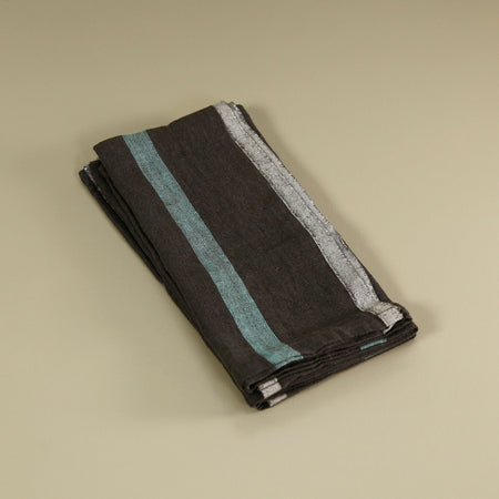 Laundered Linen Napkin Set of 4 / Charcoal & Aqua
