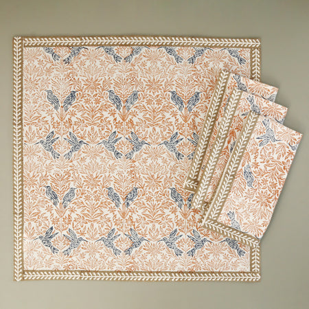 Edith Birds Block Print Cotton Napkins / 4pc