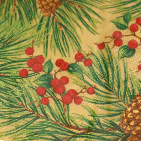 Caspari Paper Cocktail Napkins / Evergreen And Berries