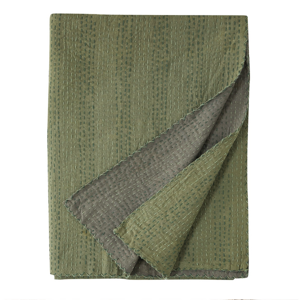Hand Stitched Reversible Kantha King Bedspread / Forest Olive