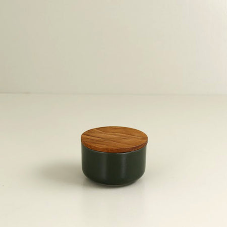 Stoneware & Acacia  Salt Container / Forest Green