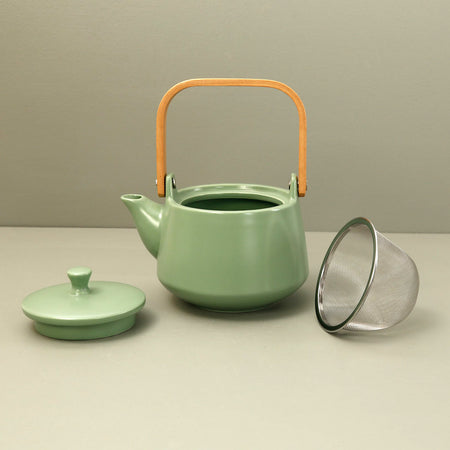 Green Matte Glazed Tea Set w/ 2 Cups & Wooden Tray