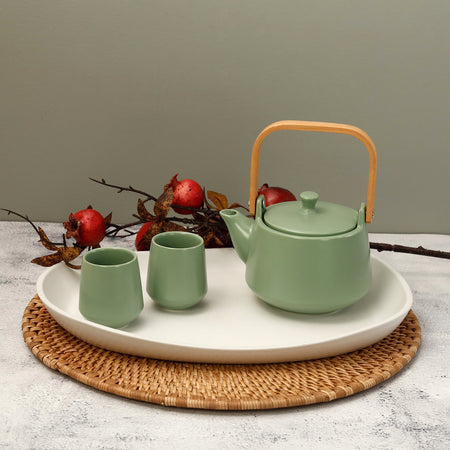 Green Matte Glazed Tea Set w/ 2 Cups & Wooden Tray