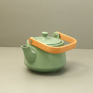Green Matte Glazed Tea Set w/ 2 Cups & Wooden Tray