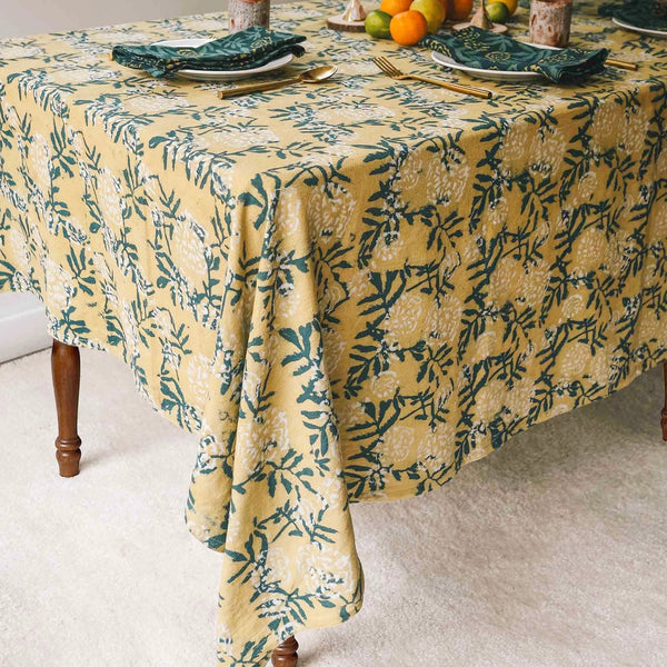 Flower Field Block Print Cotton Tablecloth / Yellow