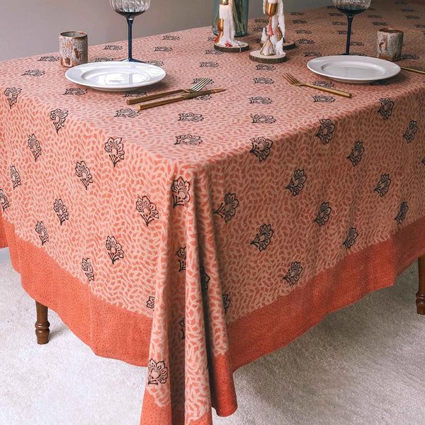 Omelia Coral Block Print Cotton Tablecloth