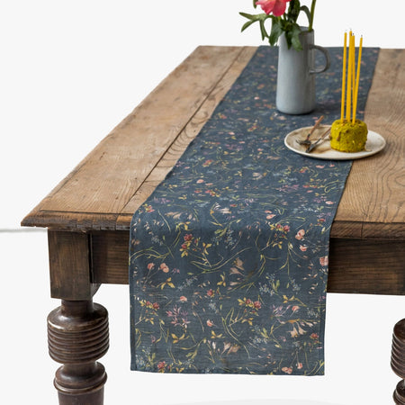 Wildflowers Navy Linen Table Runner