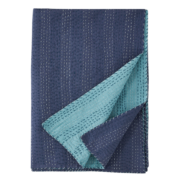 Hand Stitched Reversible Kantha King Bedspread / Navy Teal