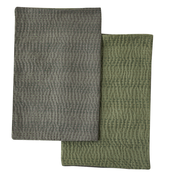 Hand Stitched Reversible Kantha Pillow Shams Pair / Forest Olive