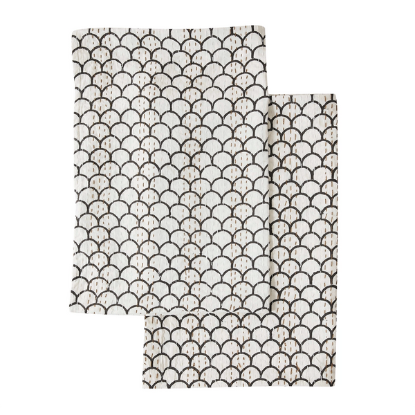 Hand Stitched Kantha Pillow Shams Pair / Scallop