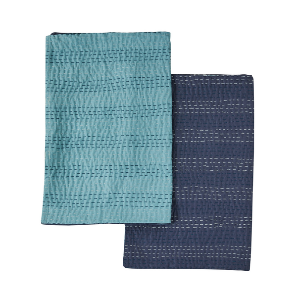 Hand Stitched Reversible Kantha Pillow Shams Pair / Navy Teal