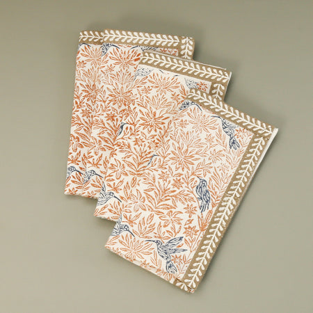 Edith Birds Block Print Cotton Napkins / 4pc