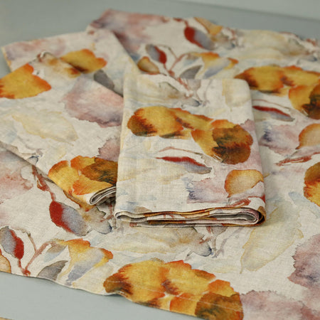 Orange Flow on Light Natural Linen Napkins / 4pc