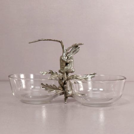 Pewter & Glass Double Condiment Dish / Bunny with Carrot