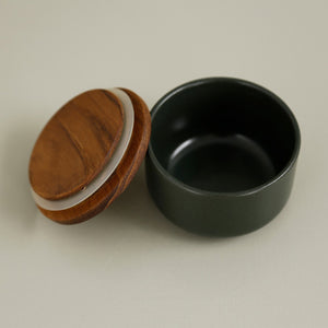 Stoneware & Acacia  Salt Container / Forest Green