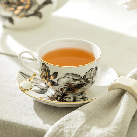 Porcelain Tea Cup & Saucer / Black Gold Peony