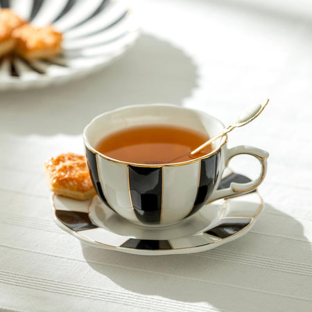 Porcelain Tea Cup & Saucer / Black and White Scallop