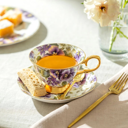 Bone China Tea Cup & Saucer / Purple Pansy