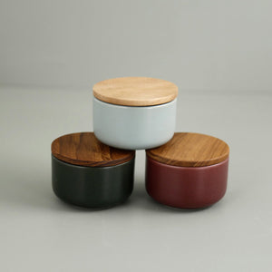 Stoneware & Teak Salt Container / Forest Green