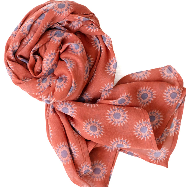 Block Print Cotton Scarf / Sunflower Terracotta