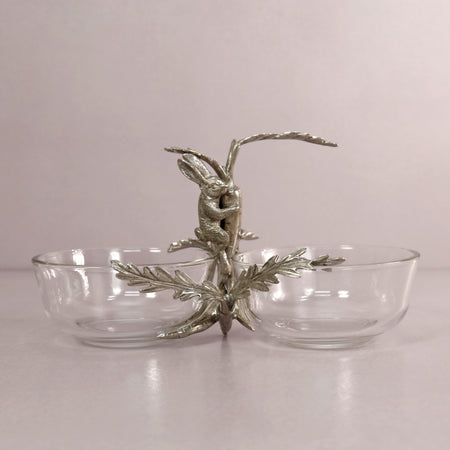 Pewter & Glass Double Condiment Dish / Bunny with Carrot
