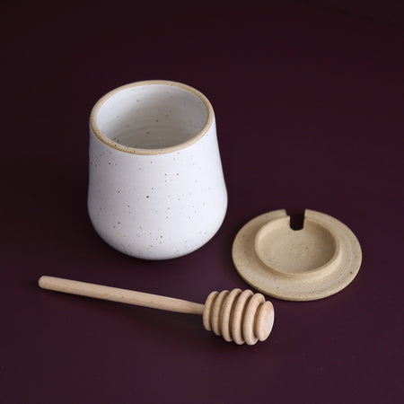 Ceramic Honey Pot w/ Wooden Dipper / White Speckle