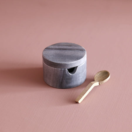 Grey Marble Lidded Salt Cellar w/ Wooden Spoon