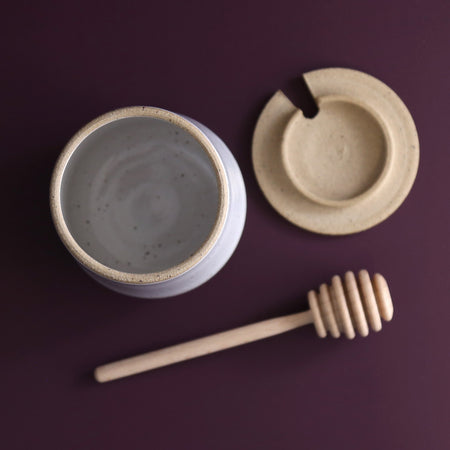 Ceramic Honey Pot w/ Wooden Dipper / White Speckle