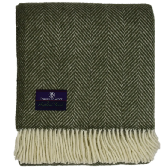 Highland Herringbone Wool Throw Blanket / Evergreen