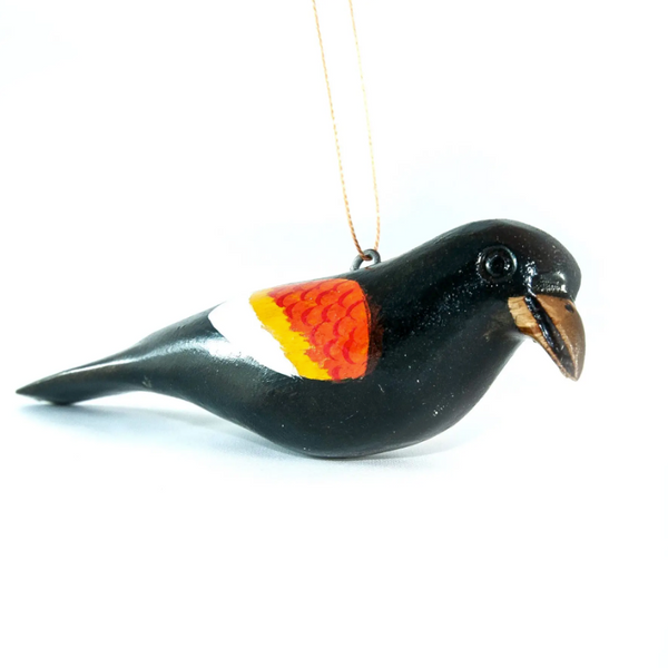 Wooden Bird Ornament / Red Wing Black Bird