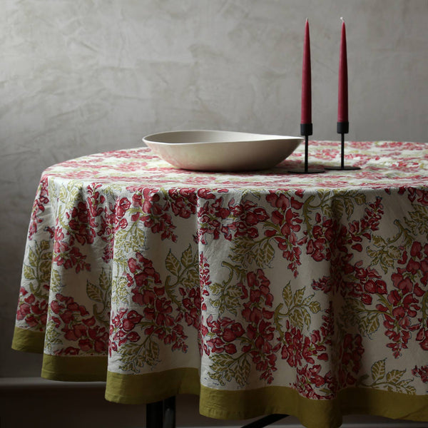 Wisteria Green & Pink Block Print Tablecloth/ Round