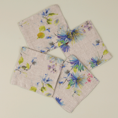 Flowers on Natural Linen Coasters / Set of 4
