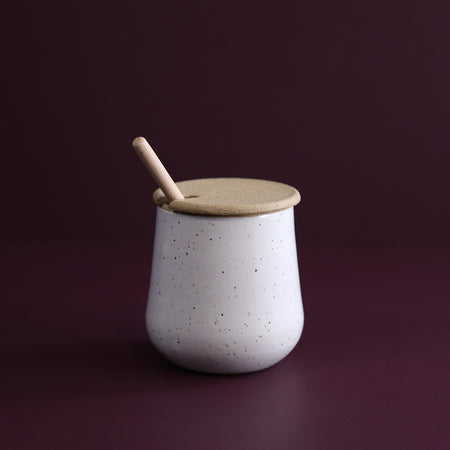 Ceramic Honey Pot w/ Wooden Dipper / White Speckle