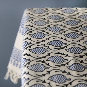 Block Print Tablecloth / Tranquility Blue w/ Tassels