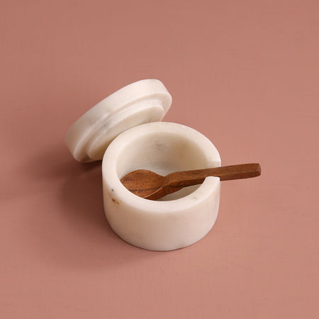White Marble Lidded Salt Cellar w/ Wooden Spoon